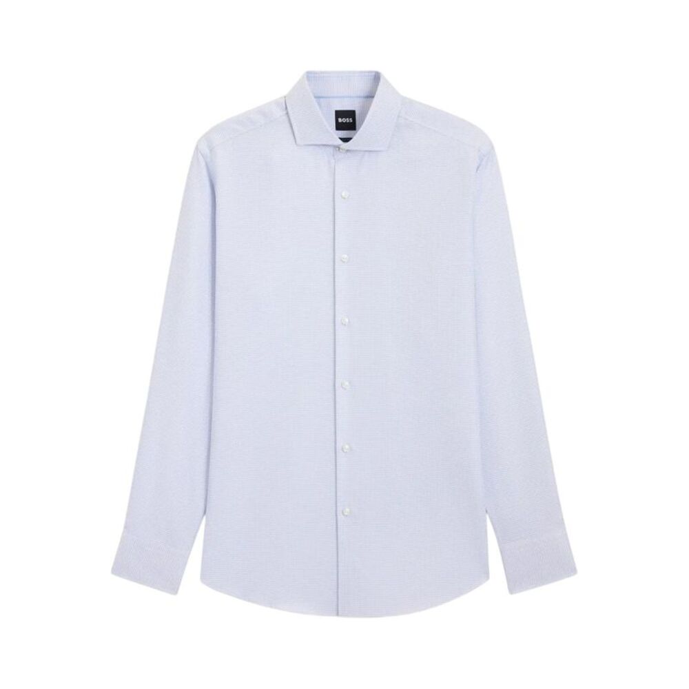 Boss Mens Textured Check Spread Collar Shirt / Light Blue